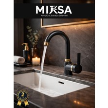 Mixsa Lüx Siyah-Gold Armut Baston Borulu Banyo Lavabo Bataryası, Musluğu, Çeşmesi Çift Su Girişli