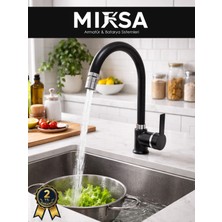 Mixsa Siyah-Krom Armut Baston Borulu Oynar Başlıklı Perlatörlü Mutfak Eviye Bataryası, Çiftsugirişli