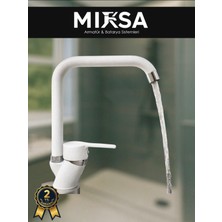 Mixsa Beyaz-Krom Köşe Borulu Mutfak Eviye Bataryası, Musluğu, Çeşmesi Çift Su Girişli