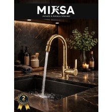 Mixsa Lüx Full Gold Armut Baston Oynar Başlıklı Perlatörlü Mutfak Eviye Bataryası Çeşmesi Musluğu