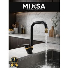 Mixsa Lüx Siyah-Gold Köşe Borulu Oynar Başlıklı Perlatörlü Mutfak Eviye Bataryası, Çiftsugirişli