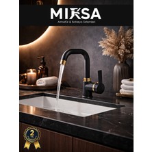 Mixsa Lüx Siyah-Gold Armut Köşe Borulu Banyo Lavabo Bataryası, Musluğu, Çeşmesi Çift Su Girişli
