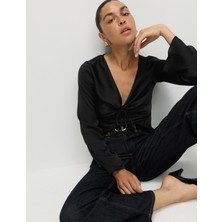 Marks & Spencer Saten Ön Bağlamalı Uzun Kollu V-Yaka Üst