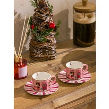 UltraMint Yılbaşı Temalı 2 Kişilik Porselen Kahve Fincan Takımı, 90 ml