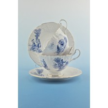 UltraMint Mavi Ingiliz Tarz 2 Kişilik Altın Yaldızlı Çay Fincan Seti