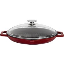 Lava Döküm Yuvarlak Izgara Tavası Cam Kapaklı Döküm Demir Yekpare Çift Kulplu ÇAP(Ø)30CM.-BORDO