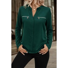 Bemy Çarşı Kadın Uzun Kollu V Hakim Yaka Fermuar Detaylı Viskon Bluz