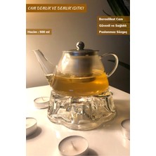 UltraMint 2’li Cam Demlik ve Isıtıcı Seti, 500 Ml, Bitki Çayı Demliği, Süzgeçli