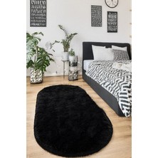 Alpina Home Siyah Oval Yıkanabilir Puffy Peluş Halı Yolluk Yumuşak Kaymaz Taban