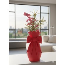 Dekoratif Kurdelelı Kırmızı Saksı