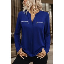 Kadın Uzun Kollu V Hakim Yaka Fermuar Detaylı Viskon Bluz