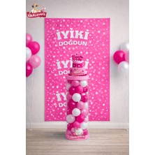 Kız Çocukları Için Sade Şık Pvc Sütunlu Standlı Balonlu Baskılı Arkafonlu Doğum Günü Parti Seti Süsü