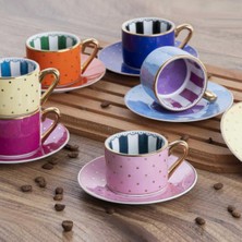 UltraMint Şık 6'lı Renkli Noktalı Porselen Kahve Fincan Takımı