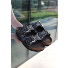 Shoegar Edaj Kahverengi Nubuk Boncuk Işlemeli Terlik