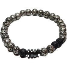 JTSS26BLK1686 Gümüş Gri Lav ve Hematit Doğaltaş Esnek Tasarım Siyah Gri Garantili Hediye Kutulu Janti Bileklik