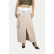 Berr-in Kadın Beli Kemer Detaylı Renk Geçişli Yırtmaçlı Bej Etek 124Y03003102-BEJ