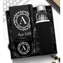 As Gift Kişiye Özel Siyah Kılıflı Cam Şişe Matara & Defter & Kupa & Plastik Kalem Hediye Seti