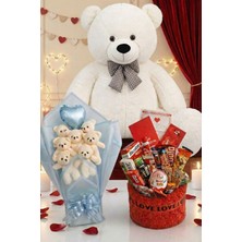 Sole 3’lü Sevgililer Günü Hediye Seti | 90 cm Peluş Ayı, Love Çikolata Sepeti & Mavi Peluş Ayıcık Buketi