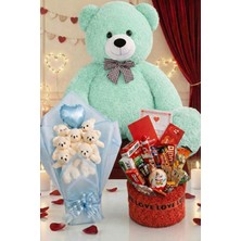 Sole 3’lü Sevgililer Günü Hediye Seti | 90 cm Peluş Ayı, Love Çikolata Sepeti & Mavi Peluş Ayıcık Buketi