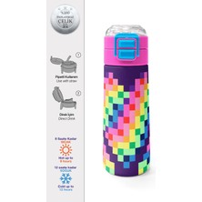 Coral High Kids Çok Renkli Piksel Kalp Desenli Pipetli ve Direkt Içim Çelik Termos 500 ml 38108