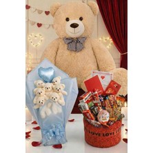 Sole 3’lü Sevgililer Günü Hediye Seti | 90 cm Peluş Ayı, Love Çikolata Sepeti & Mavi Peluş Ayıcık Buketi