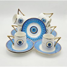 By Como Nazar Boncuğu Desenli 12 Parça Porselen Kahve Fincan Seti ( 6 Kişilik ) Mavi