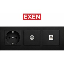 Exen Siyah Topraklı Priz + Uydu + Telefon Prizi Seti Mekanizma + Çerçeve Sıva Altı