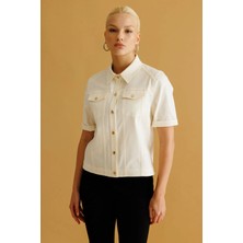 Ekol Kadın Kısa Kollu Önden Çıt Çıtlı Ekru Ceket 06018