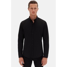 Slim Fit Siyah Oxford Düğmeli Yaka Kolay Ütülenebilir Nakış Detaylı Pamuklu Gömlek 4HC02ORT03265