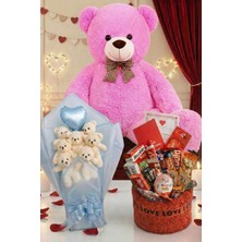 Sole 3’lü Sevgililer Günü Hediye Seti | 90 cm Peluş Ayı, Love Çikolata Sepeti & Mavi Peluş Ayıcık Buketi