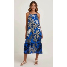 Merlot Kadın Yaprak Desenli Askılı Viskon Elbise