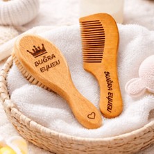 Fikir Store Isme Özel %100 Gerçek Keçi Kılı Doğal Yumuşacık Bebek Saç Fırçası  ve Doğal Ahşap Tarak Seti