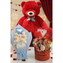 Sole 3’lü Sevgililer Günü Hediye Seti | 90 cm Peluş Ayı, Love Çikolata Sepeti & Mavi Peluş Ayıcık Buketi