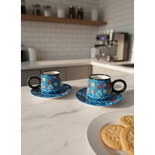 RGS Homelife 2'li El Yapımı Kazan Tipi 4 Parça 2 Kişilik Türk Kahvesi Fincan Seti, Fincan Takımı Mavi