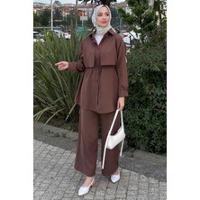Tesettür Diyarı Yazlık Krep Kumaş Gömlek Pantolon Takım - Kahverengi