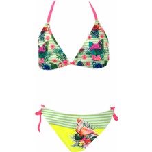 Hazelin Kız Çocuk Yeşil Flamingo Glow Desenli  6-14 Yaş Üçgen Bikini Takım HZL26S-LC9018