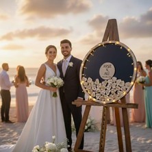 Evlilik Sepetim Düğün-Nişan Siyah Mdf 50 cm Yuvarlak Misafir-Hatıra Anı Kutusu + Şövale ve Kalem Hediyeli