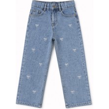 Bambino Fiyonklu Nakış Detaylı Kız Çocuk Geniş Paça Jean Pantolon