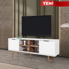 EVMO Home 3618 Sina Tv Ünitesi 160 cm ( Ahşap Ayaklı - Metal Kulplu ) Beyaz - Söğüt