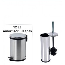 12 Litre Paslanma Krom 2'li Banyo Seti Pedallı Çöp Kovası Wc Klozet Tuvalet Fırça Seti Banyo