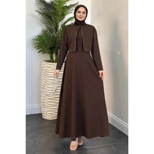 Tesettür Diyarı Inci Detaylı Elbiseli Ikili Tesettür Takım- Kahverengi