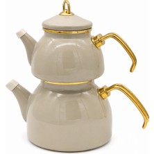 PremiumPort Emaye Çaydanlık Takımı, Gold Detaylı, 1,1 L Demlik + 2,3 L Suluk