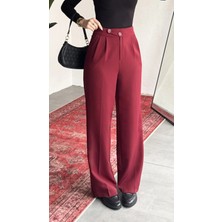 Asfa Moda Kadın Bordo Yüksek Bel Pileli Bol Paça Beli Lastikli Kore Model Kumaş Pantolon