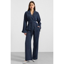 Olcay Kemer Bağlamalı Oversize Modal Ceket Lacivert 8287