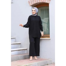 Tesettür Diyarı Modal Kumaş Gömlek Pantolon Oversize Tesettür Takım- Siyah