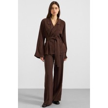 Olcay Kemer Bağlamalı Oversize Modal Ceket Kahve 8287