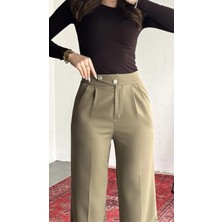 Asfa Moda Kadın Haki Yüksek Bel Pileli Bol Paça Beli Lastikli Kore Model Kumaş Pantolon