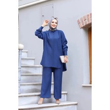 Tesettür Diyarı Modal Kumaş Gömlek Pantolon Oversize Tesettür Takım- Lacivert