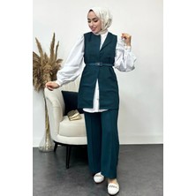 Tesettür Diyarı Krep Kumaş Kemerli Yelekli Tesettür Takım- Koyu Petrol