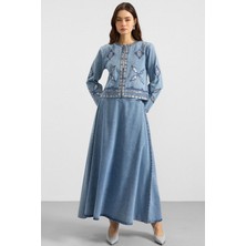 Olcay Pul ve Nakış Detaylı Etek Ceket Denim İkili Takım MAVİ 9388-TK